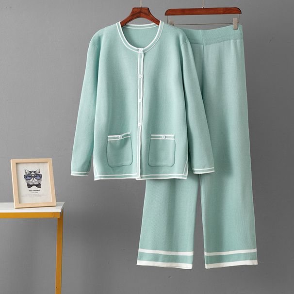 Women's round Neck Long Sleeved Knitted Cardigan with Pockets European And American Style Two Piece Set Straight Leg Trousers_ecoleips.com