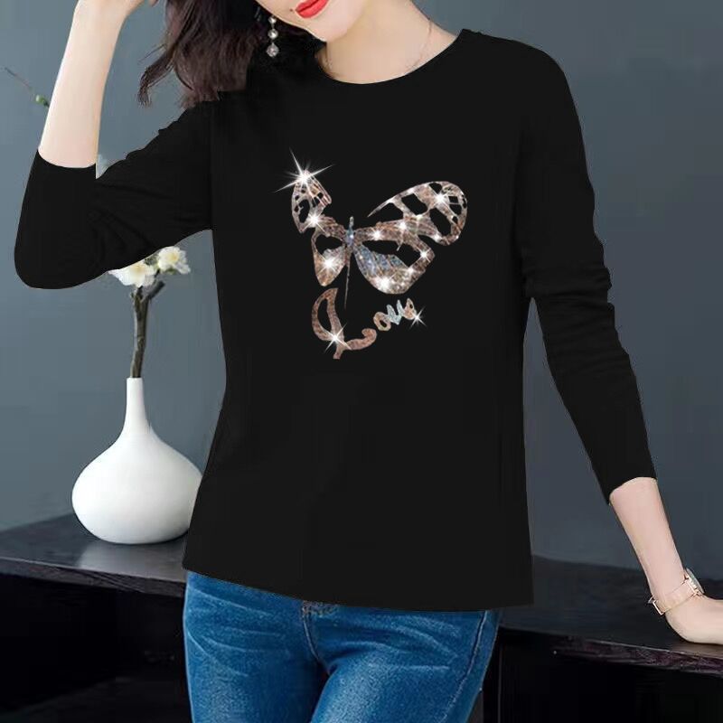 A Fashionable Round-Neck T-Shirt For Women's Autumn/Winter Wear, Perfect For Middle-Aged Mothers Featuring Long Sleeve_ecoleips.com