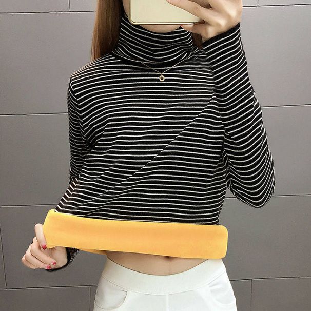 This Autumn And Winter Korean-Style Thickened High-Neck Base Layer Shirt Is Warm And Pairs Well With A Striped T-Shirt._ecoleips.com
