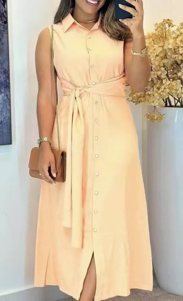 Women's Clothing Summer Medium Length Lapel Solid Color Sleeveless Dress_ecoleips.com