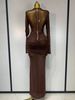 Elegant Brown Mesh Fold Long Sleeve Bodycon Dress Women Evening Party Club Sexy Perspective Fashion Luxury Birthday Dresses EYC8_ecoleips.com