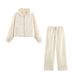 Women's Hooded Sweatshirt & Elastic Waist Wide-Leg Pants Set - Casual Lounge-To-Street Coordinated Outfit (Xs-L, Beige/Burgundy/Brown)_ecoleips.com