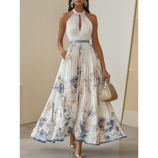 Women's Clothing Digital Printing V Neck Sleeveless Pleated Dress Long Skirt_ecoleips.com