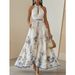 Women's Clothing Digital Printing V Neck Sleeveless Pleated Dress Long Skirt_ecoleips.com