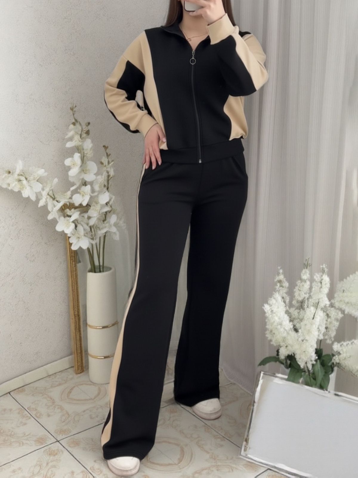 Women's Style Two Piece Set Autumn Winter Color Block Warm Top Striped High Waisted Trousers_ecoleips.com