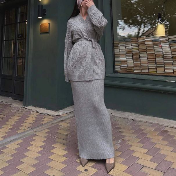 V-Neck Ribbed Tie-Waist Knit Sweater & Pencil Skirt Set - Autumn Casual Outfit For Women (XS-XXL, Multiple Colors)_ecoleips.com