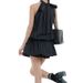 Black Striped Halter Neck Fashion Versatile Dress Women Sleeveless Shirt Flower Bud Casual Shorts Two-Piece Set_ecoleips.com