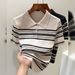 New Polo Half Open Button Collar Short Sleeved Striped Ice Silk Knit Sweater French Style Shoulder Tops For Women_ecoleips.com