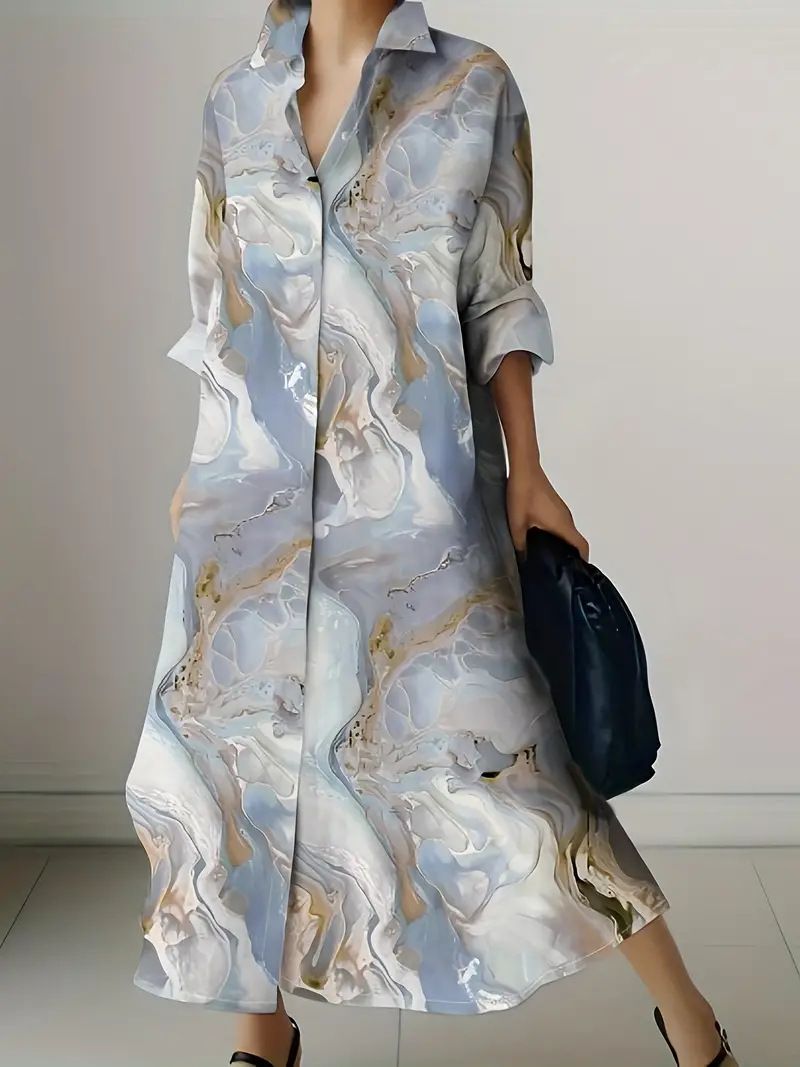 Women's Clothing Design V Neck Long Sleeve Black White Gray A Line Dress European And American Large Size_ecoleips.com