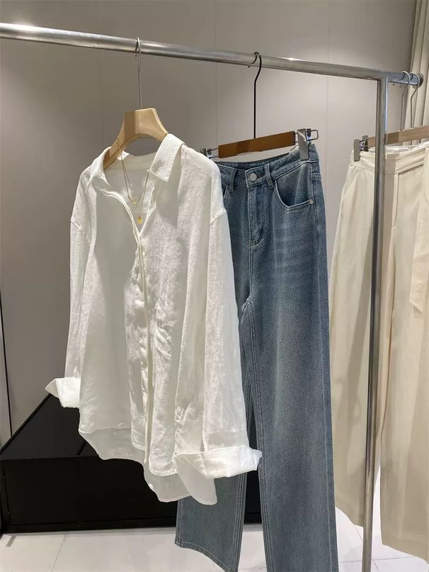 French White Shirt For Women, Summer Thin Loose Elegant Old Money Style High-End Cotton Linen Sunscreen Top_ecoleips.com