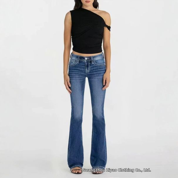 Women's Cross Embroidered Denim Jeans Stretchy Slim Fit Floor Length Blue Slightly Flared Summer Style_ecoleips.com