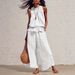 Summer Casual Women's Clothing Set Style Cotton And Linen Sleeveless Ruffled Wide Leg Pants Two Piece_ecoleips.com