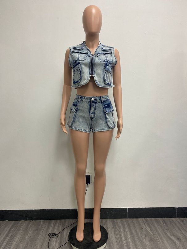 Women's Stretchy Denim Vest & Shorts Set - Casual Sleeveless Pocket Outfit With Wrinkle Effect (Sky Blue, Dark Grey)_ecoleips.com