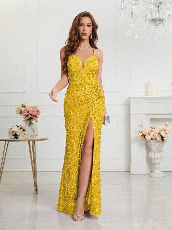Women's Clothing Evening Dress Banquet Temperament Slim Daily V Neck Sequin Dress_ecoleips.com