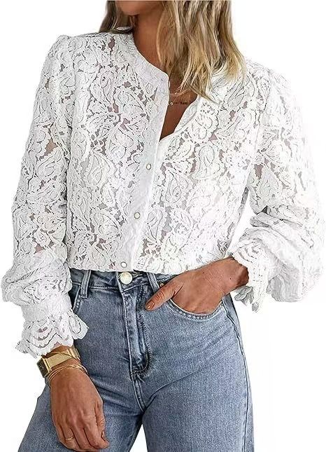 Elegant Lace Blouse With Button Front & Flutter Sleeves – Breathable Polyester Top For Women, Spring & Summer Wardrobe Essential_ecoleips.com