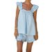 Women's Summer Casual Cotton Linen Two Piece Set V-Neck Sleeveless Vest Ruffled Trim Shorts European American Style_ecoleips.com