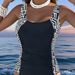 New 2026 Women's Sexy Patchwork One Piece Swimsuit Black And White Striped Print Conservative Beachwear European American Style_ecoleips.com