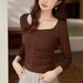 2025 #Craftsmanship Selection # Thin Velvet Unique Design Drawn Square Neck T-Shirt Women's Long Sleeve 2025 Autumn/Winter_ecoleips.com