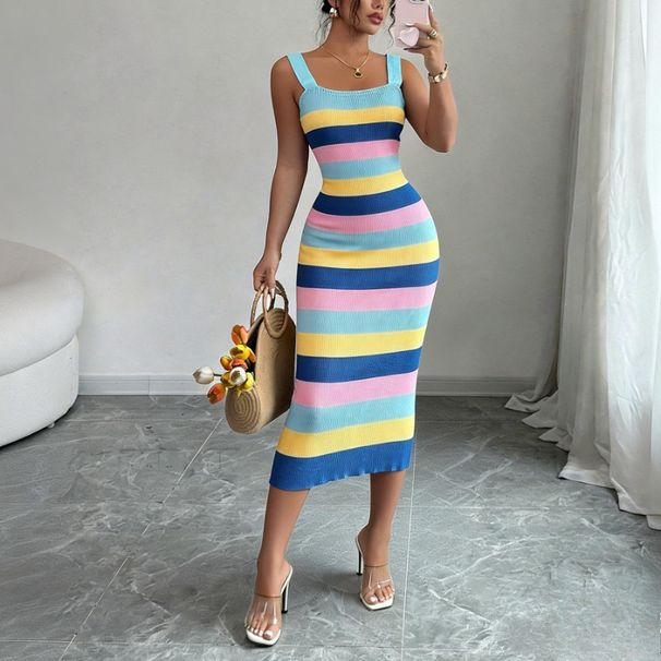 women's Rainbow Striped Sundress Sleeveless Stretchy Knit Bodycon Maxi Dress Casual Summer Beach Vacation Party Long Dress_ecoleips.com