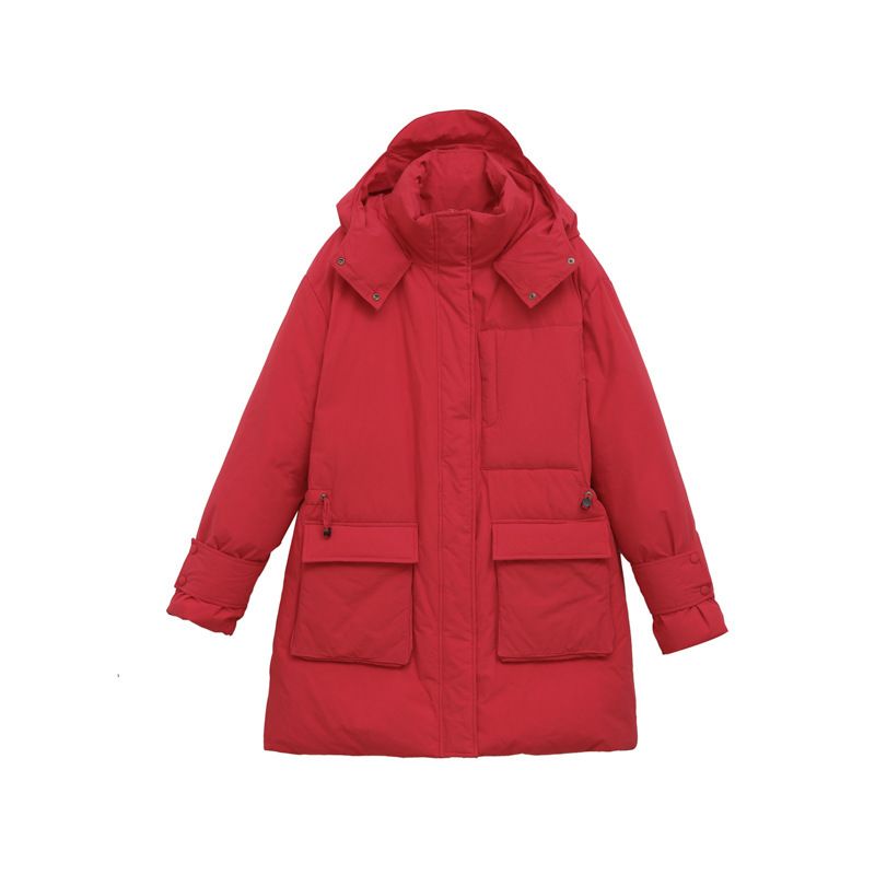 Premium White Goose Down Hooded Parka With Large Pockets – Warm Winter Coat For Women, Mid-Length Red Puffer Jacket, Loose Fit Cotton Shell_ecoleips.com