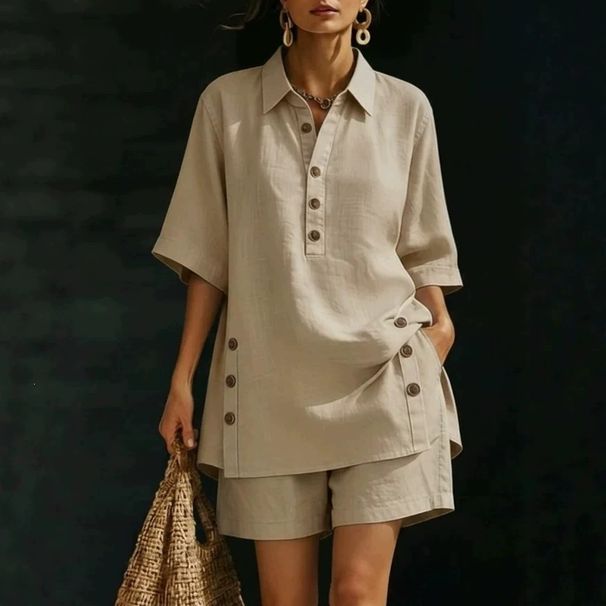 Women's Clothing Cotton Linen Button Down Shirt And Shorts Set Casual Loose Two-Piece Spring Summer Store New_ecoleips.com