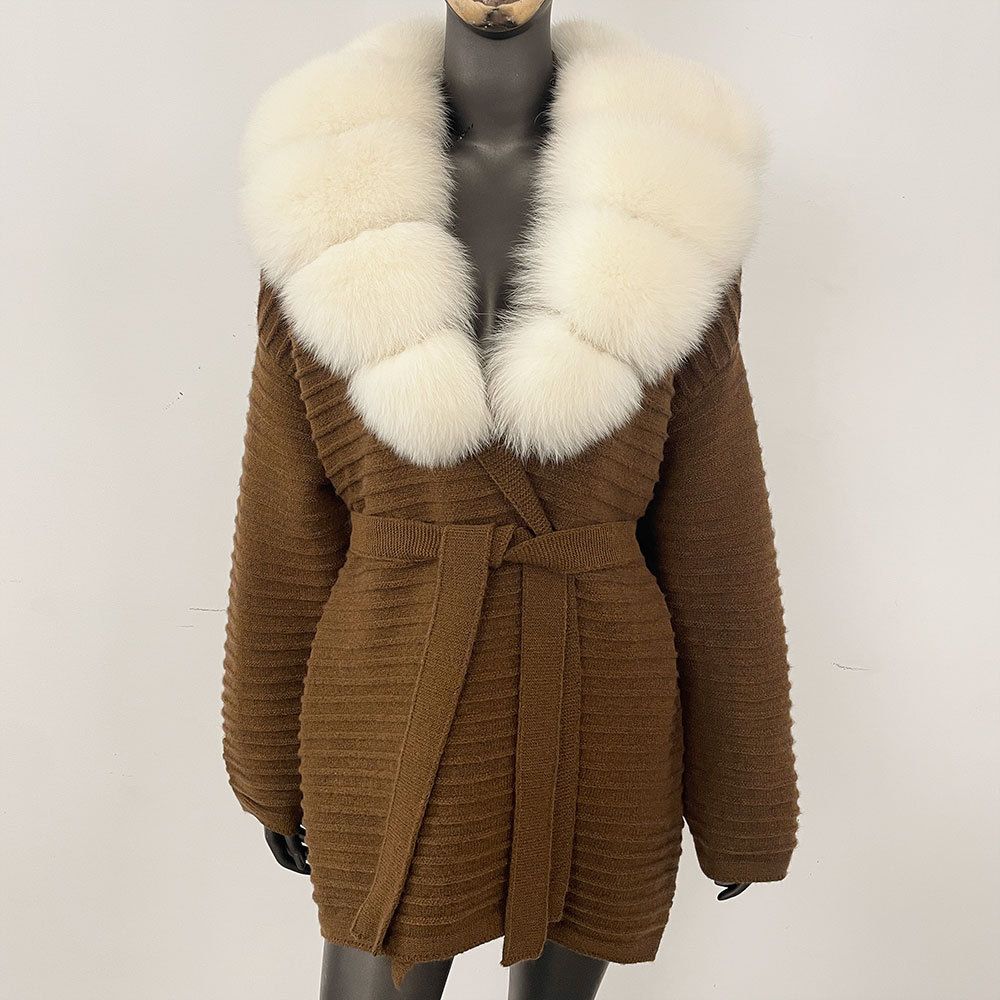 Luxury Oversized Knit Cardigan With Real Fox Fur Collar - Elegant Loose Fit Long Sleeve Open Front Sweater For Women_ecoleips.com