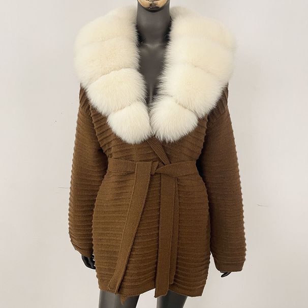 Luxury Oversized Knit Cardigan With Real Fox Fur Collar - Elegant Loose Fit Long Sleeve Open Front Sweater For Women_ecoleips.com
