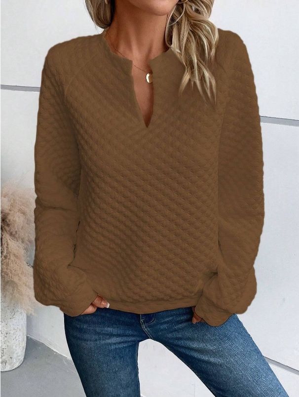 Women's Clothing solid color deep V neck splicing long sleeved women's casual sweatshirt_ecoleips.com