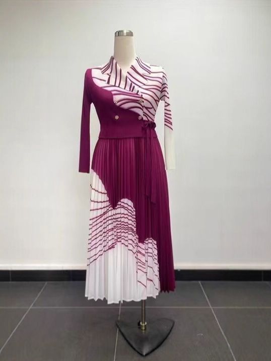 Women's Plus Size Slim Fit Printed Long Dress Fashionable Pleated Collar Suit New Arrival_ecoleips.com