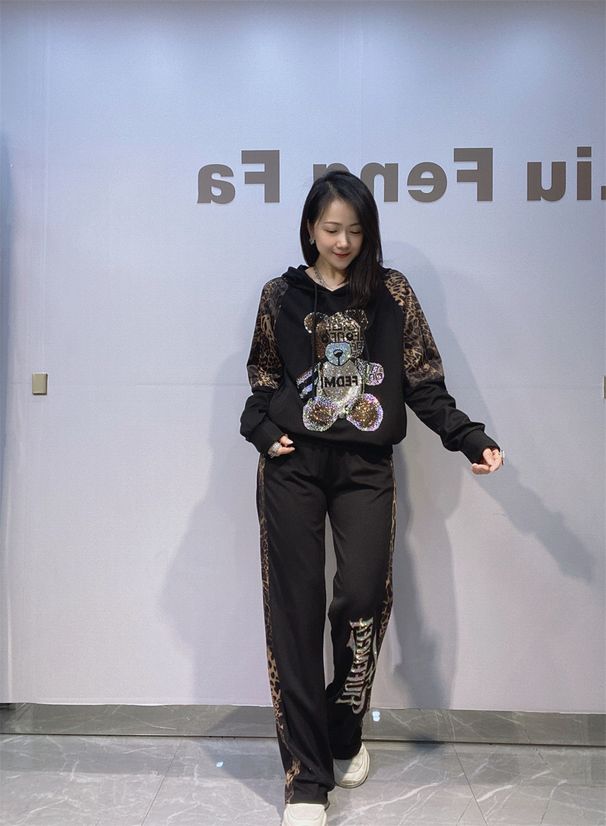 Women's Leopard Print Rhinestone Embellished Tracksuit Set Hooded Long Sleeve Pullover Top And Pants Black Coffee M XL_ecoleips.com