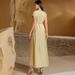 Women's Clothing New Champagne Satin Heavy Hand Sewn Diamond Short Sleeves Celebrity Style Retro Dress_ecoleips.com