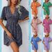 Women's Clothing Summer New V Neck Mid Sleeve Printed High Waist Floral Pleated Dress_ecoleips.com