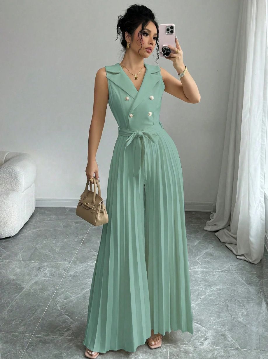 Women's Clothing Matronly Style Pleated Jumpsuit With Bow Tie Waist Fitted Suit Collar Fashion_ecoleips.com