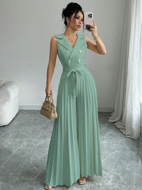 Women's Clothing Matronly Style Pleated Jumpsuit With Bow Tie Waist Fitted Suit Collar Fashion_ecoleips.com