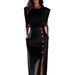 Women's Clothing Women's Round Neck Sleeveless Dress With Button Detail And Slit Long Skirt Solid Color For Formal & Casual For Women_ecoleips.com