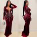 legant Long Sleeve Bodycon Dress With Rhinestone Details - Stretchy Velvet Party Dress For Women, Slim Fit Evening Gown In Black/Burgundy/Navy_ecoleips.com
