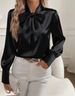 Women's Clothing Long Sleeve Satin Shirt Casual Versatile Bow Detail Top Solid Color New Autumn_ecoleips.com