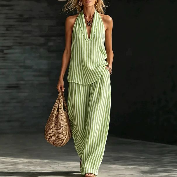 Women's Clothing Halter Neck Sleeveless Striped Pant Set Casual V Neck Fashion For Spring/Summer Thin Polyester Suit_ecoleips.com