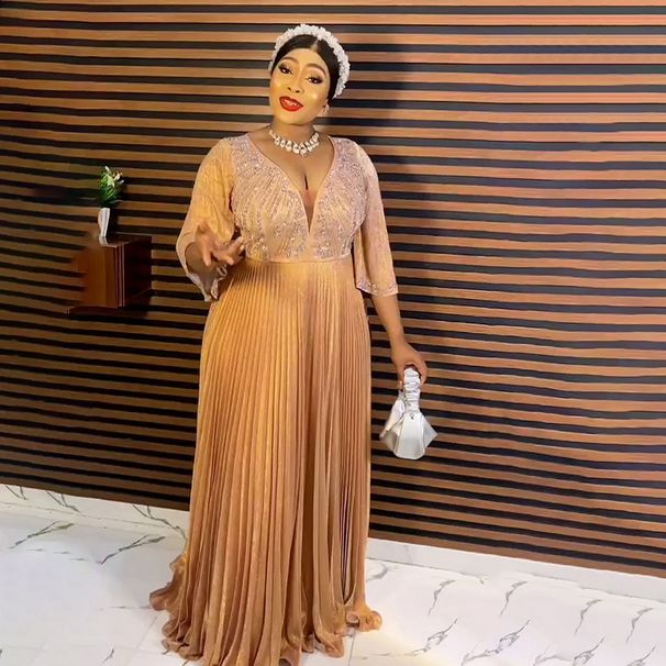 Women’s Clothing evening dress chameleon sprinkled gold powder pleated hot diamond plus cannon beads deep V neck dress_ecoleips.com