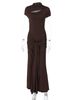Hugcitar Elegant Turtleneck Solid Ruched Short Sleeve Hole Sexy Bandage Gown Maxi Dress Summer Vacation Clothings Party Club_ecoleips.com