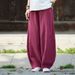 Johnature Summer Solid Color Pockets Loose Pants 2025 New Women Vintage Elastic Waist Cotton Linen Wide Leg Full Length Pants_ecoleips.com