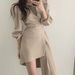 Chic Early Autumn Irt Dr Women's Single Button Waist Cinched Midi Asymmetrical Collar Busin Casual Sle Dr_ecoleips.com