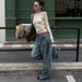 Women's Clothing Trendy Wide Leg Knife Pants Distressed Retro Blue Denim Fleece Lined Loose Curved Fit Street Style Washed Whiskered_ecoleips.com