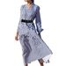 Women's Clothing Long Sleeve V Neck Medium Length Striped Dress_ecoleips.com