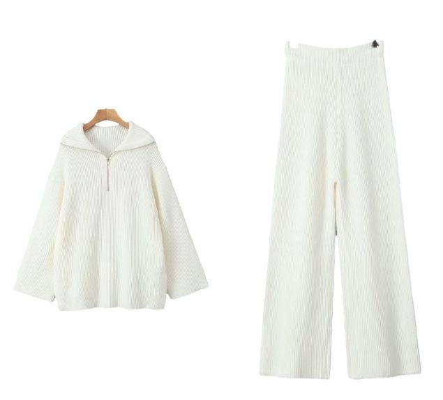 Women's Clothing Chic Oversized Knit Sweater & High-Waisted Trousers Set - Soft Round Neck, Long Sleeves, Streetwear Comfort (Ivory/Grey/Khaki)_ecoleips.com