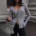 V-Neck Button-Up Cardigan – Ribbed Knit Sweater With Raw Edge & Bell Sleeves (S-L, Khaki/Grey/Black/Red)_ecoleips.com