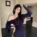 Burgundy Satin Slit-Neck Long Sleeve Bodycon Dress High Waist Asymmetrical Wrap Midi Dress with Detachable Sash for Women_ecoleips.com