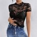 Summer Ruffled Stand Collar Single Layer Lace Slim Fit T-Shirt Top For Women New Style_ecoleips.com