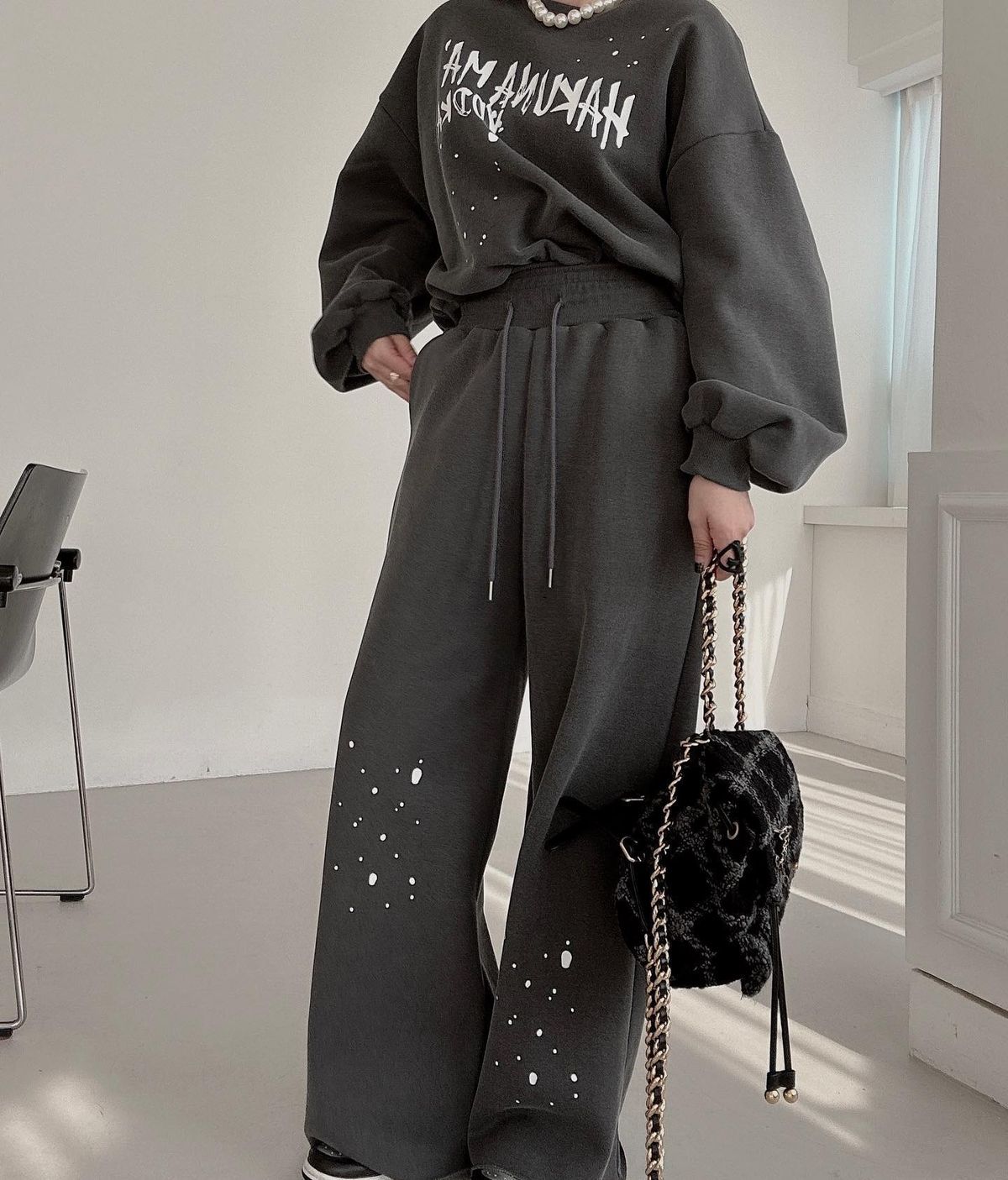 Chic High Waisted Slimming Drawstring Pants Women's Winter Retro Style Crew Neck Sweatshirt With Letter Print Casual Set_ecoleips.com