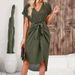 Women's Solid Color Slit Wrap Style Short Dress Spring Autumn Loose Fit Short Sleeve Tie up Casual Dress_ecoleips.com